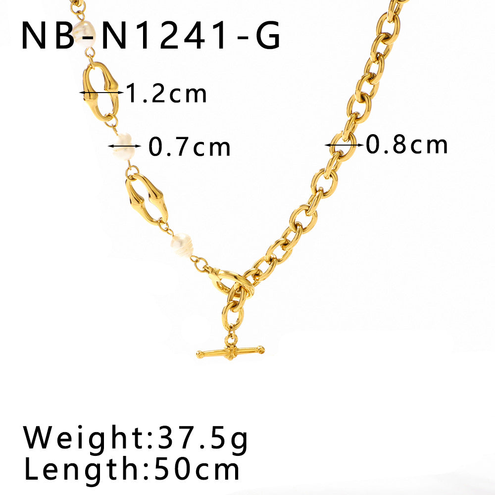 Ins Style Asymmetrical Geometric Pendant Necklace and Bracelet Set in Stainless Steel with Natural Pearl Accents and 18K Vacuum Plated Finish