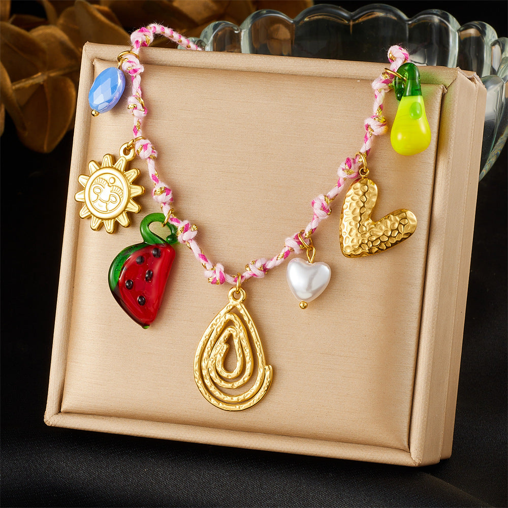 Bohemian Vintage Gold Plated Stainless Steel Rope Chain Necklace and Bracelet Set with Animal Pendant