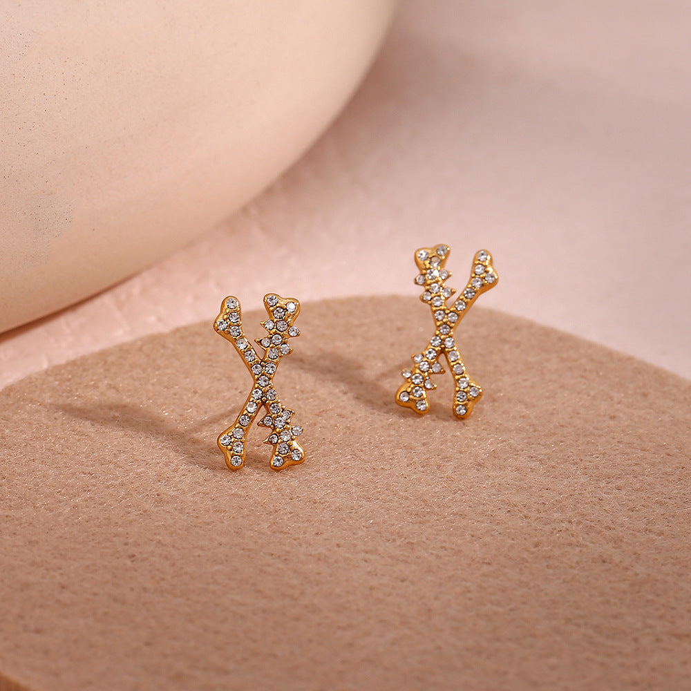 Minimalist Fashion Geometric X-Shaped Stainless Steel Hoop Earrings with Rhinestone Inlay for Women