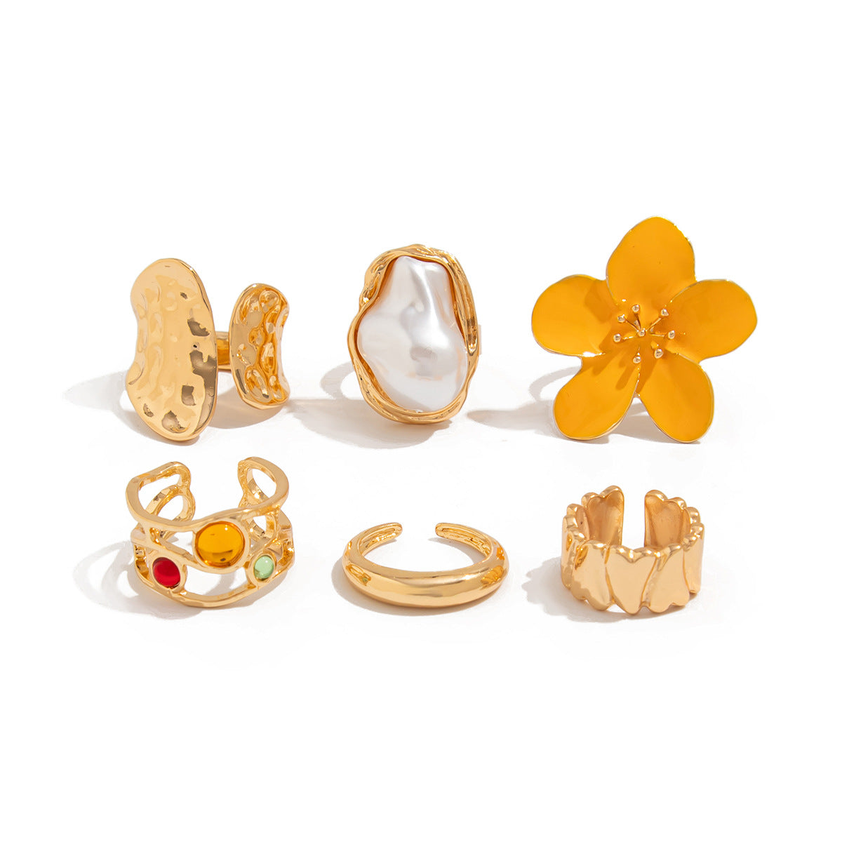 Set di anelli in lega a fiori geometrici minimalisti per donna con dettaglio fiore in smalto e accento a goccia di perla