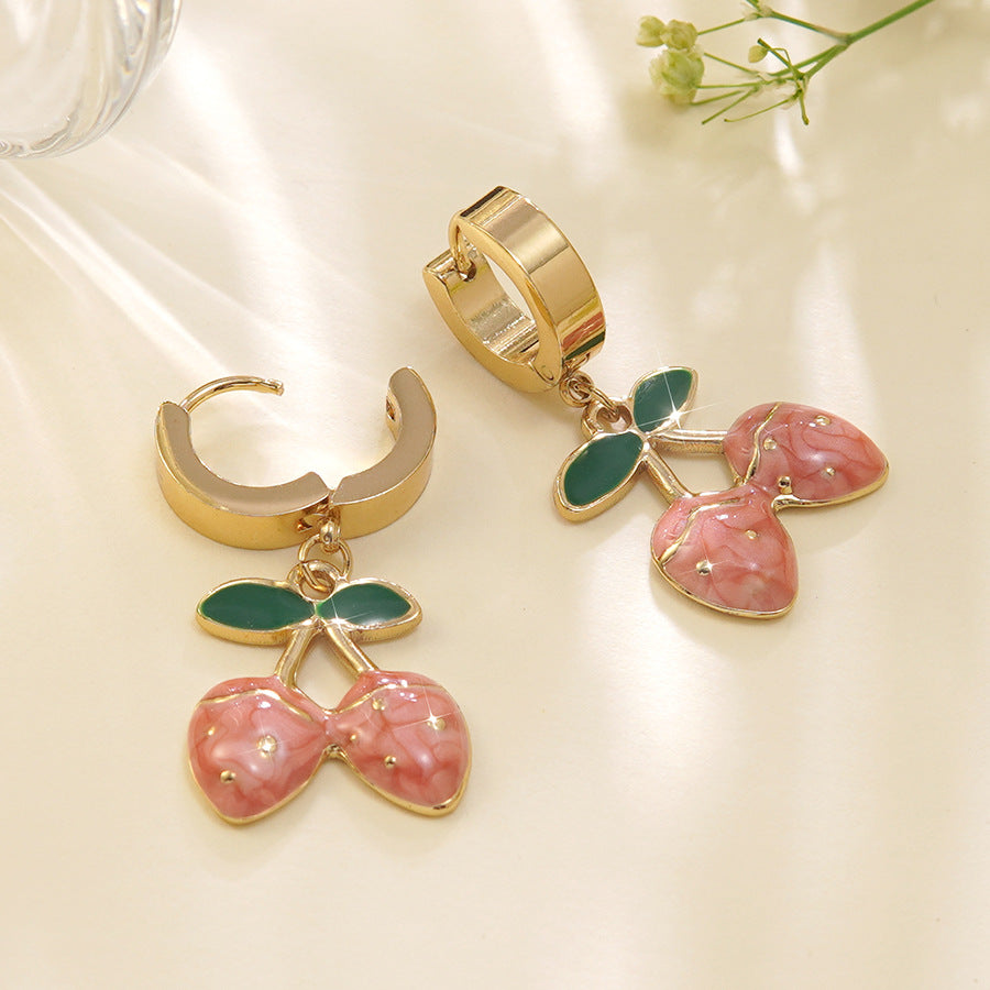 Sweet Stainless Steel Drip Oil Plated Cherry Hoop Earrings for Women