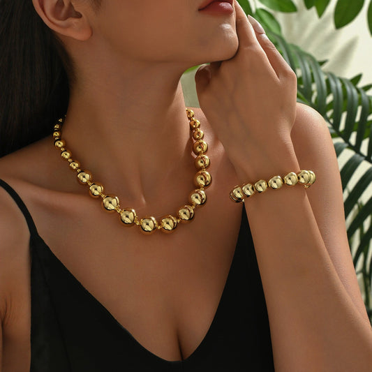 Conjunto de collar y pulsera de acero inoxidable con cadena de bolas redondas geométricas estilo Hip-Hop Punk