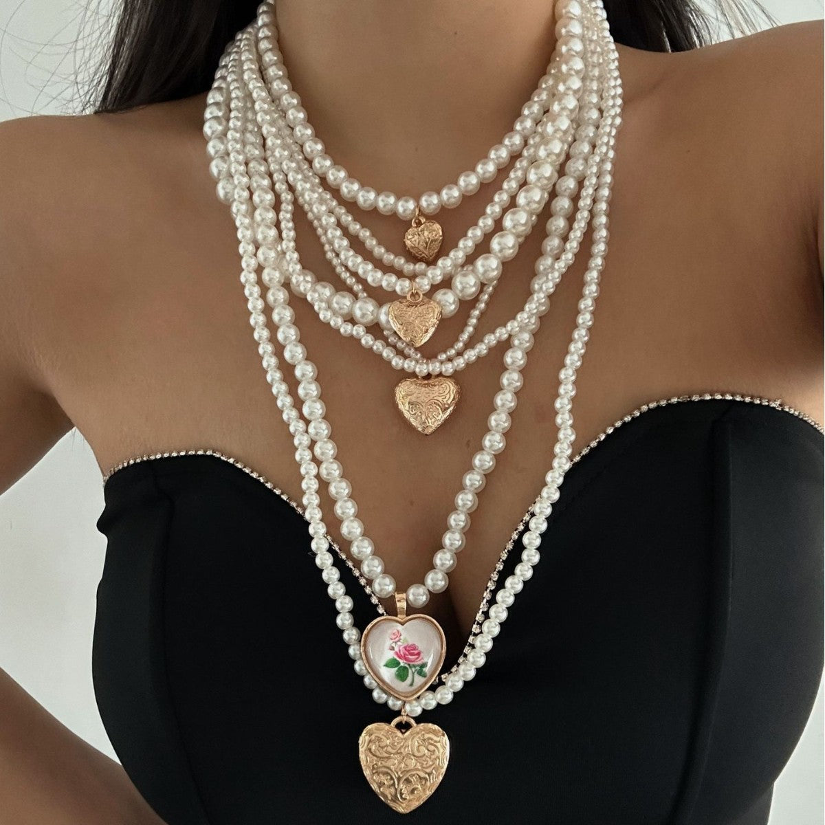 Vintage Bohemian Hip-hop Heart Floral Geometric Alloy Plated Imitation Pearl Layered Necklace for Women