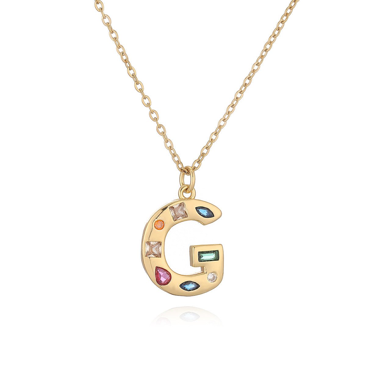 Minimalist Letter Shape Copper Pendant Necklace with 18K Gold Plating and Colored Zircon Inlay for Women