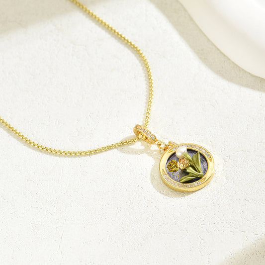Collar con colgante floral minimalista para mujer con incrustaciones de esmalte y pedrería en cadena de aleación de zinc