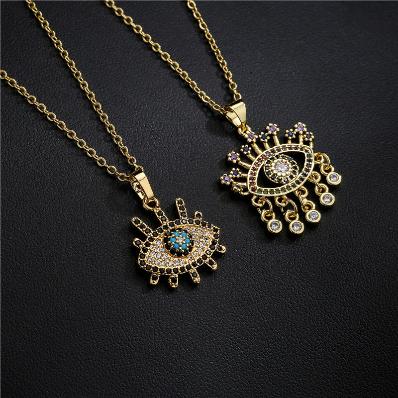 18K Gold Plated Geometric Eye Pendant Necklace with Cubic Zirconia Inlay for Women