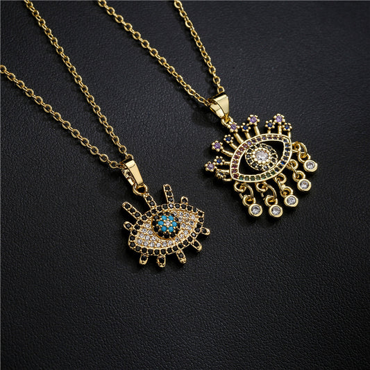 18K Gold Plated Geometric Eye Pendant Necklace with Cubic Zirconia Inlay for Women