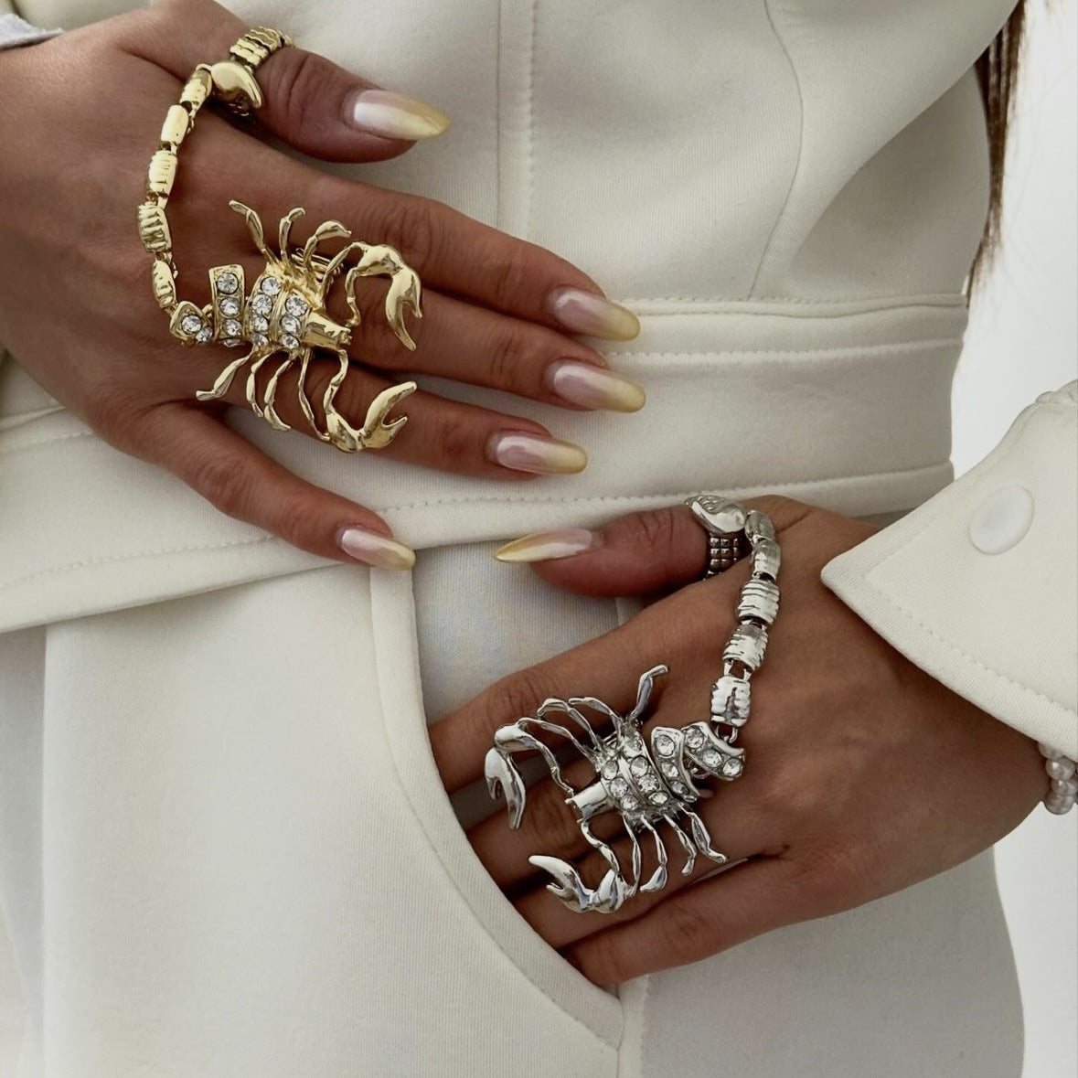 Punk Rhinestone Inlaid Geometric Alloy Scorpion Chain Ring for Women