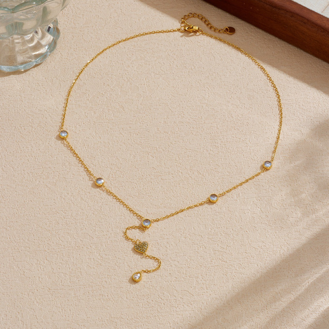 Sweet Gold Plated Stainless Steel Star Moon Heart Rhinestone Pendant Necklace with Tassel for Women