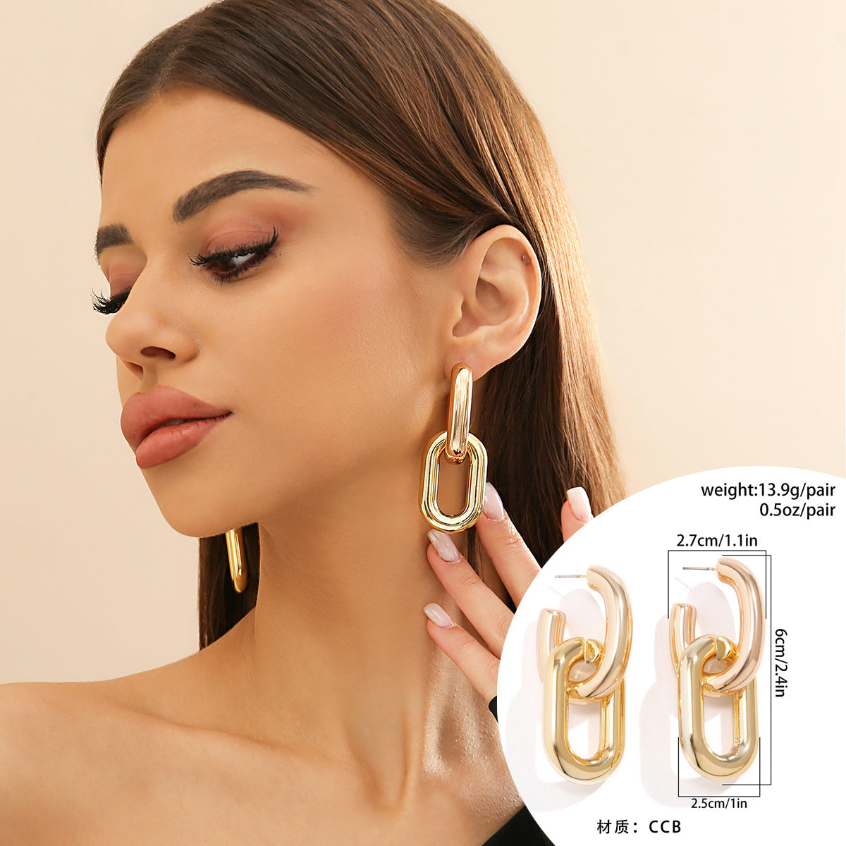 Pendientes de aro geométricos minimalistas para mujer con anillos de resina gruesos de estilo metálico y postes de acero inoxidable galvanizado