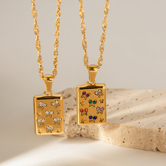 Vintage 18K Gold Plated Stainless Steel Square Butterfly Pendant Necklace with White Rhinestones for Women