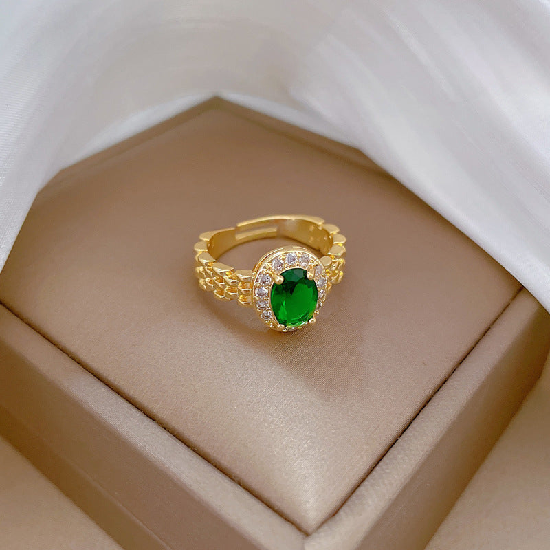 Anello regolabile in ottone con smeraldo a forma di corona "Kawaii Fresh and Sweet" da donna