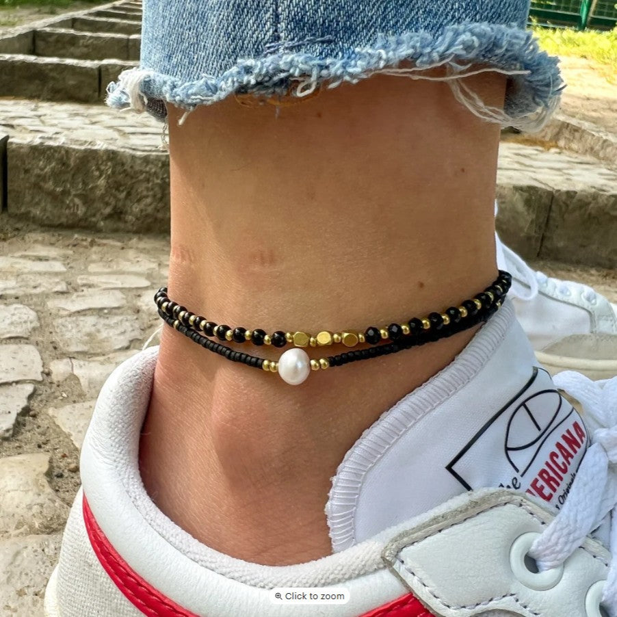 Bohemian Minimalist Geometric Pearl and Brass Beaded Anklet for Women