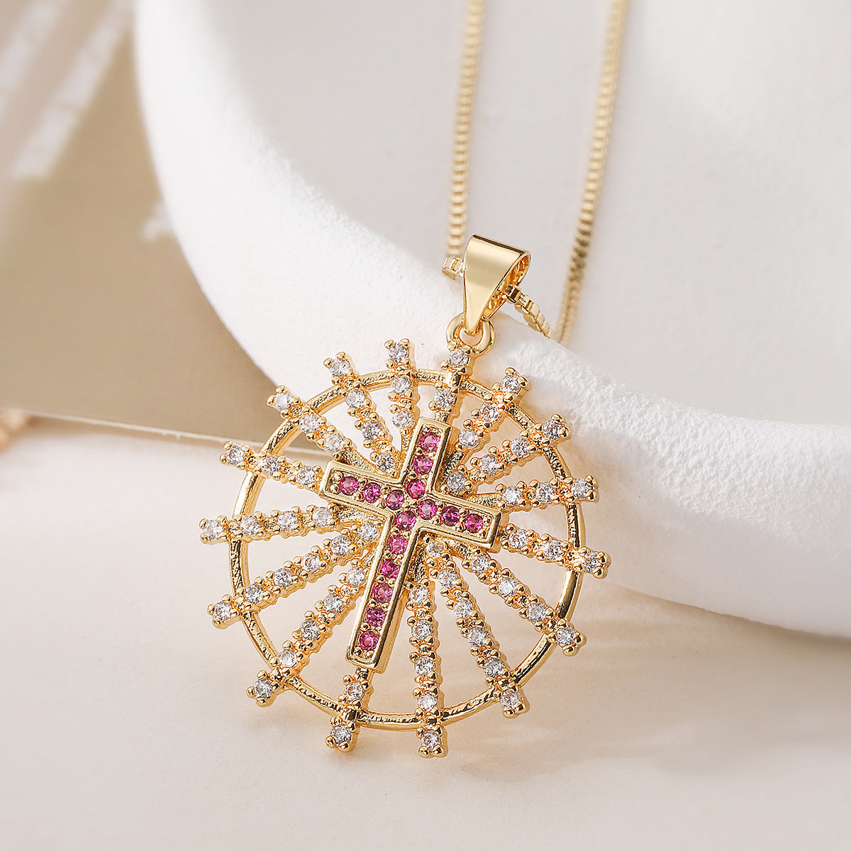 Minimalist Elegant Gold Plated Brass Cubic Zirconia Cross Heart Pendant Necklace for Women