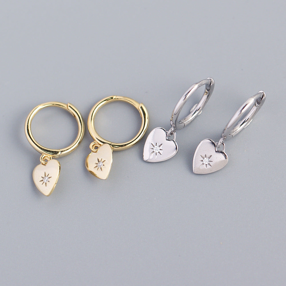Eleganti orecchini a lobo minimalisti a forma di cuore in argento sterling S925 con intarsio di strass da donna