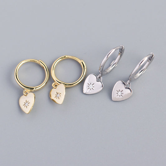 Eleganti orecchini a lobo minimalisti a forma di cuore in argento sterling S925 con intarsio di strass da donna