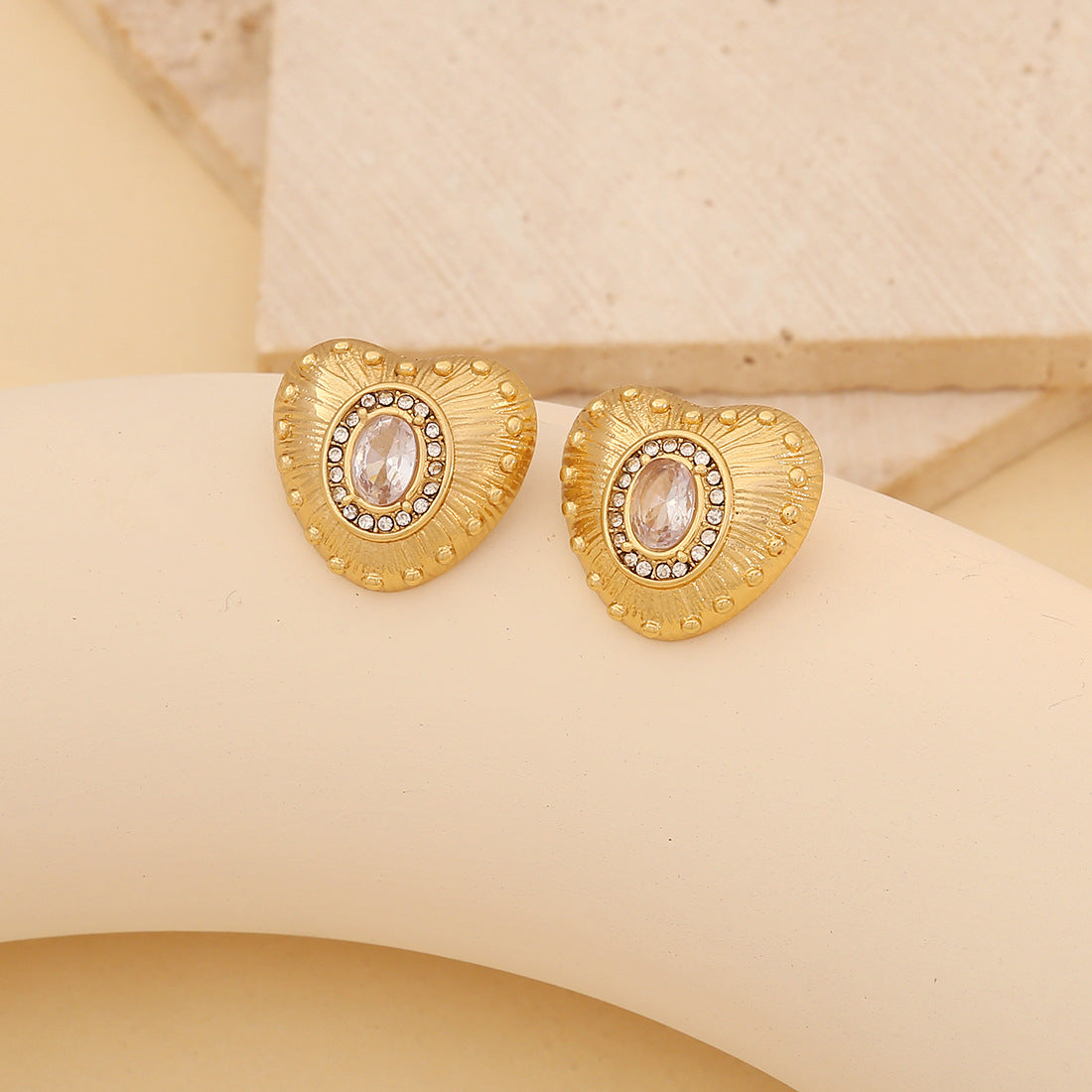 Vintage Romantic Heart-Shaped Titanium Steel Stud Earrings with Zircon Accents and Plated Finish