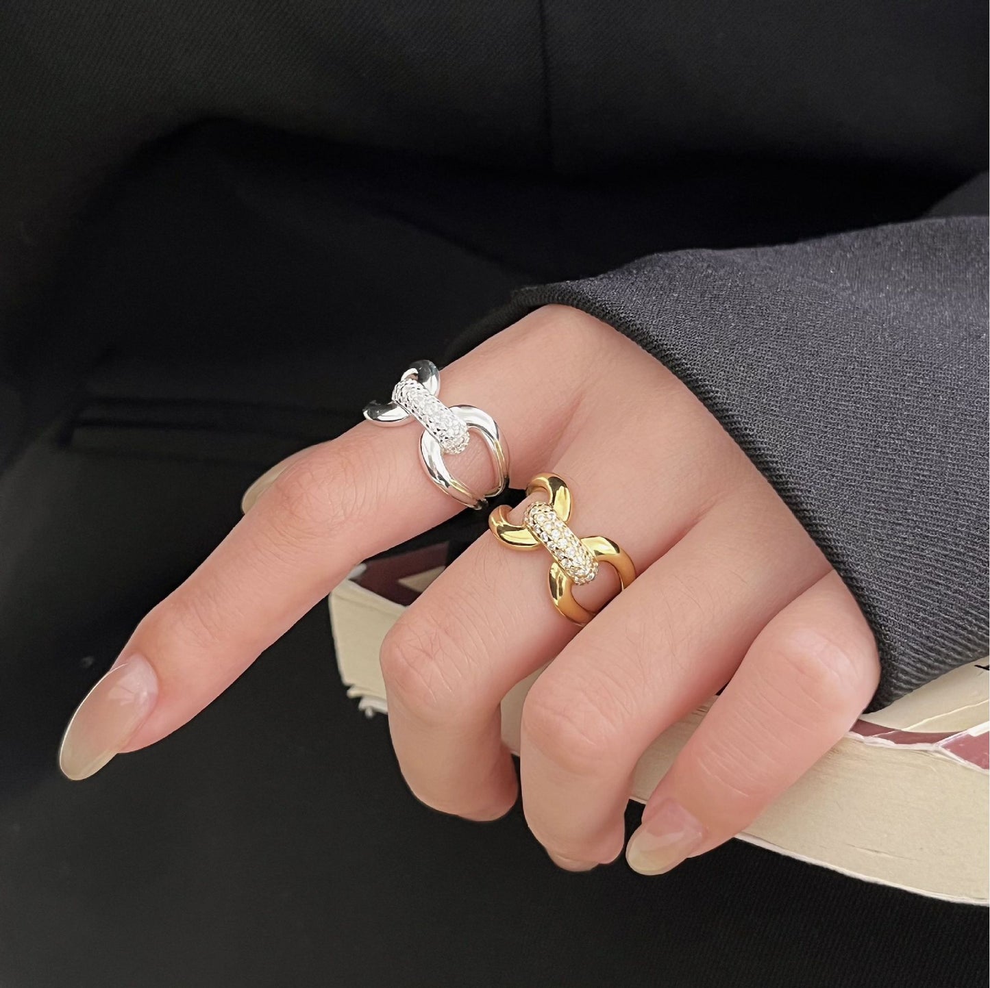Adjustable Geometric 925 Sterling Silver Plated Rhinestone Ring for Women