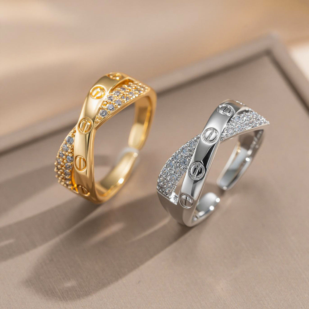 Minimalist Fashion 18K Gold Plated Geometric Letter Zircon Inlay Adjustable Ring for Women