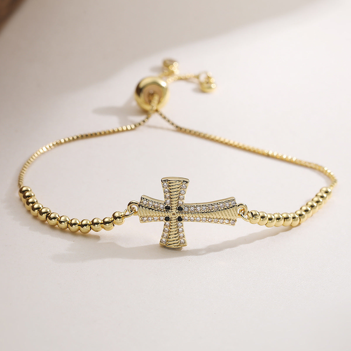 Minimalist 18K Gold Plated Brass Geometric Cross Bracelet with Cubic Zirconia for Women