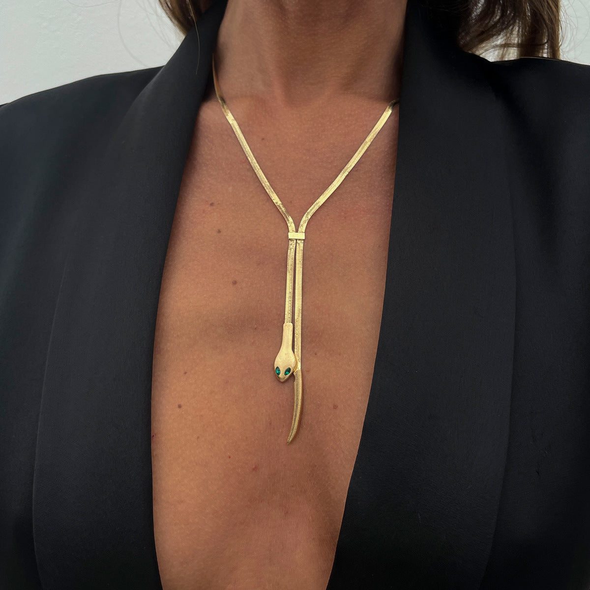 Minimalist Long Flat Snake Chain Necklace for Women with Alloy Pendant and Electroplated Finish