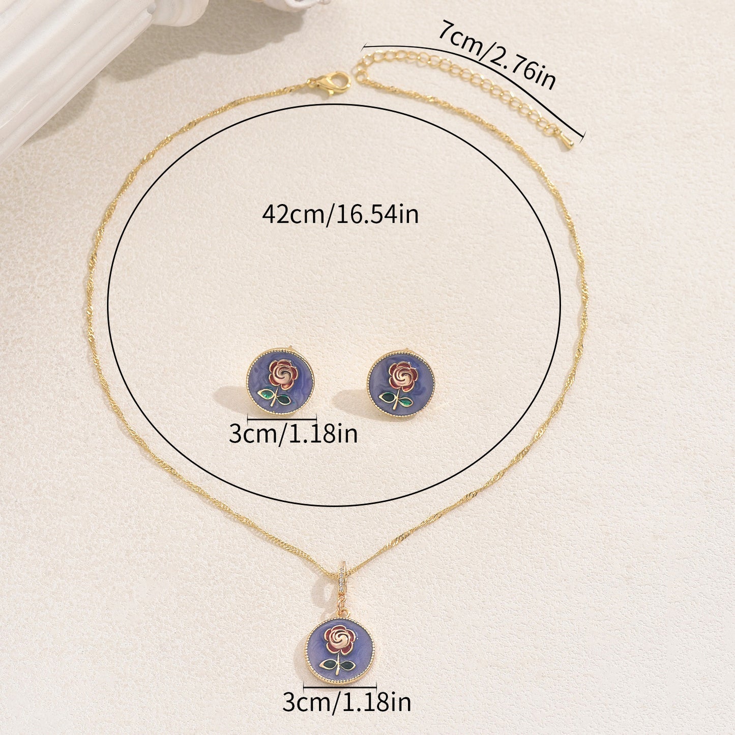 Juego de collar y pendientes de cobre esmaltado con diseño floral de rosa minimalista para mujer con cadena de colgante largo