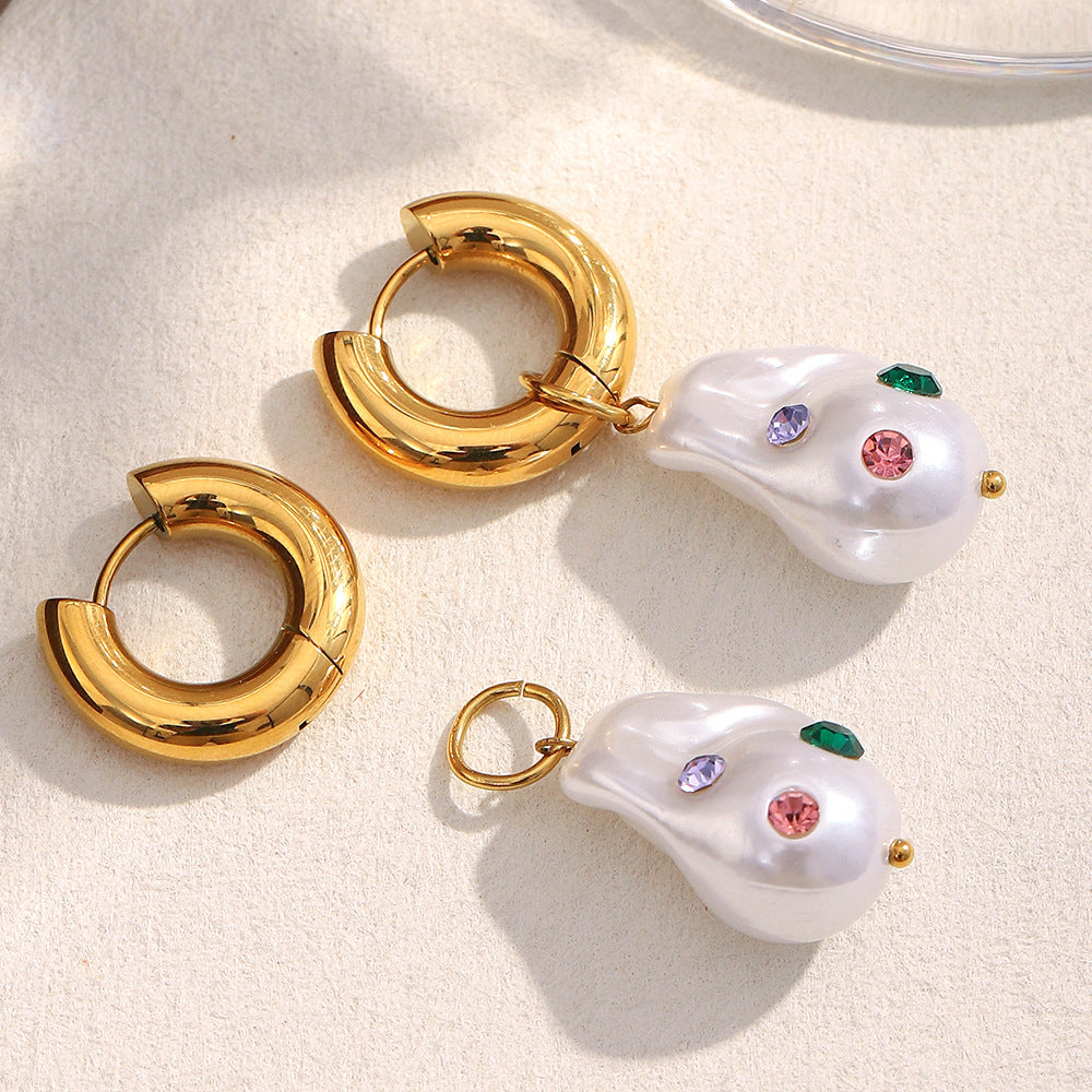 Vintage French Style Geometric Stainless Steel 18K Gold Plated Ear Rings for Women with Colorful Rhinestones and Simulated Pearls