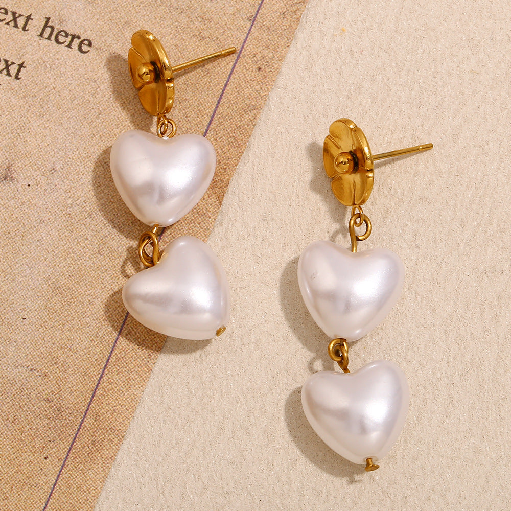 Vintage Floral Heart-Shaped Stainless Steel Earrings with 18K Gold Plating and Pearl Accents for Women