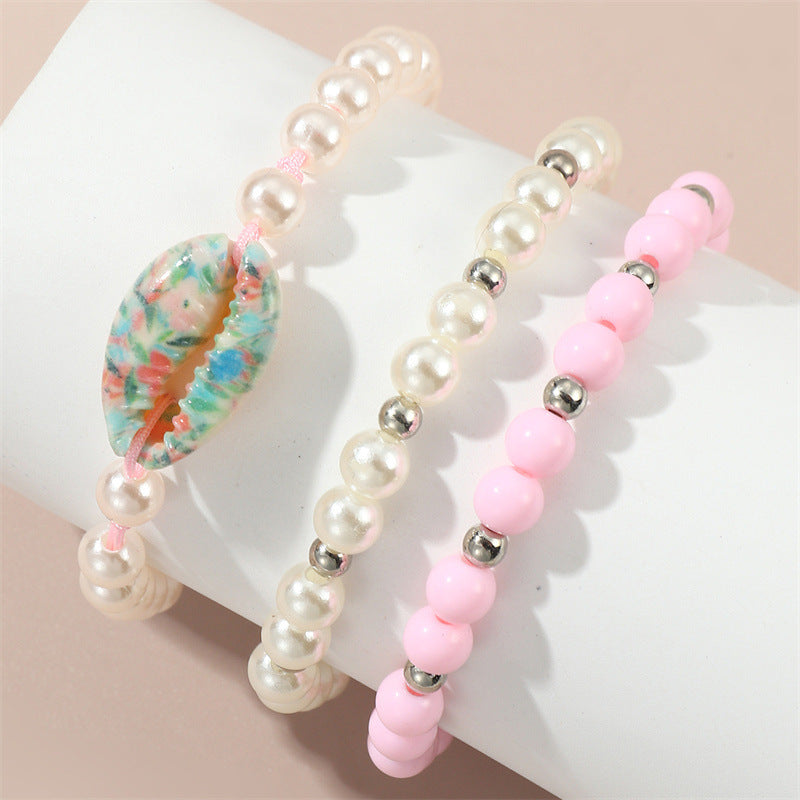 Minimalist Geometric Shell and Acrylic Beaded Bracelet Set for Children with Pink Pearlescent Finish