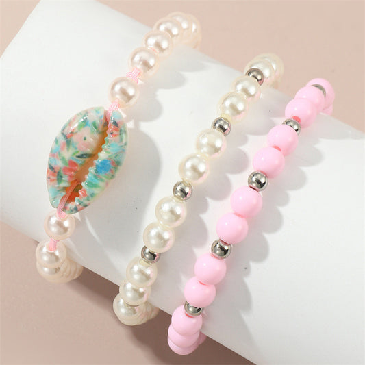 Minimalist Geometric Shell and Acrylic Beaded Bracelet Set for Children with Pink Pearlescent Finish