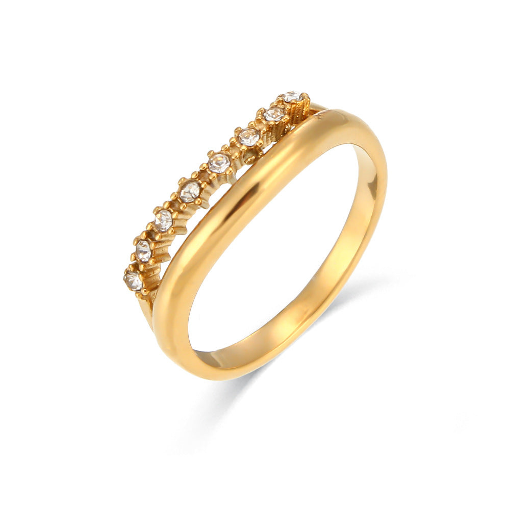 Minimalist Geometric Stainless Steel Plated Double Layer Thin Ring with Zirconia for Women