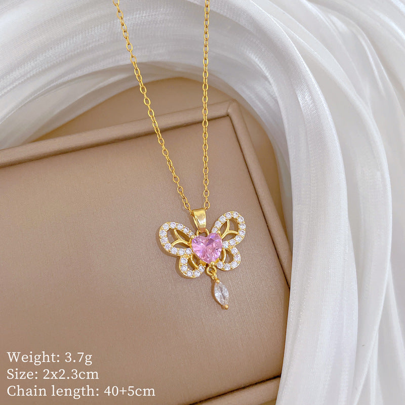 Sweet Cartoon Animal Micro-Inlaid Cubic Zirconia Brass Pendant Titanium Steel Necklace for Unisex
