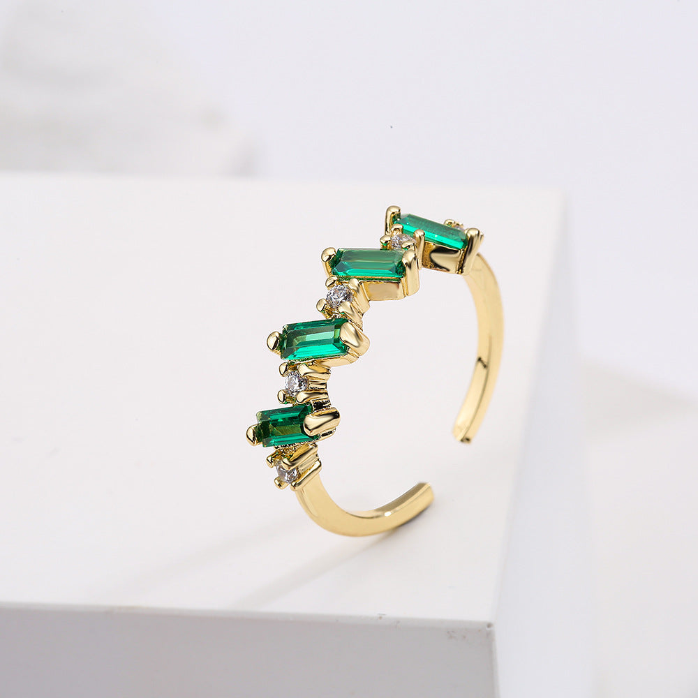 Minimalist Geometric Copper Ring with 18K Gold Plating and Micro-Paved Green Zirconia for Women
