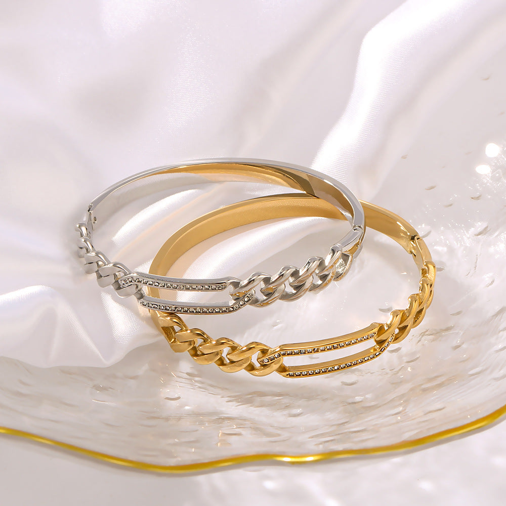 Minimalist Rectangular Hollow Bangle with Herringbone Texture, Rhinestone Inlay, Stainless Steel Base, 18K Gold Plated Finish for Women