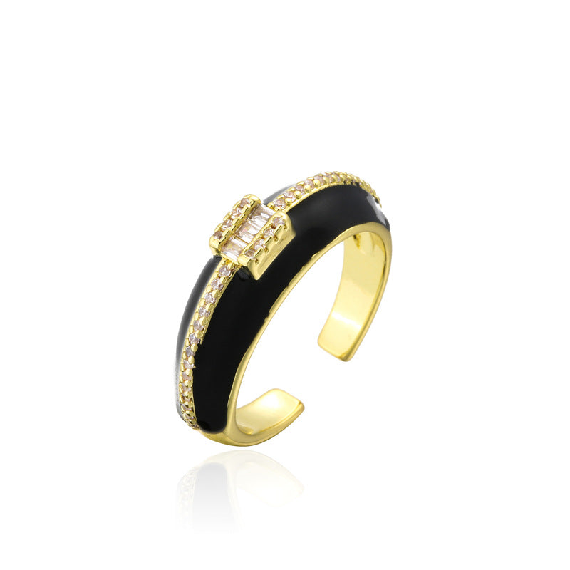 Geometric Micro-inlay Cubic Zirconia Brass Drip Oil Plated 18K Gold Open Ring for Women