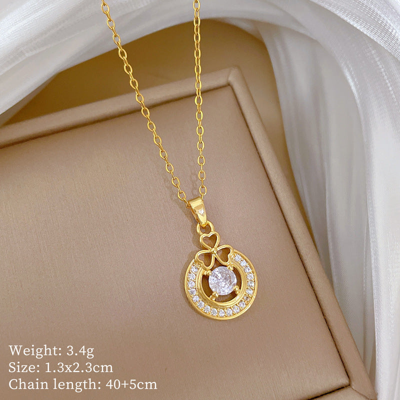 Collar minimalista de acero de titanio en forma de trébol con incrustaciones de diamantes de imitación para mujer y hombre, cadena delicada para clavícula