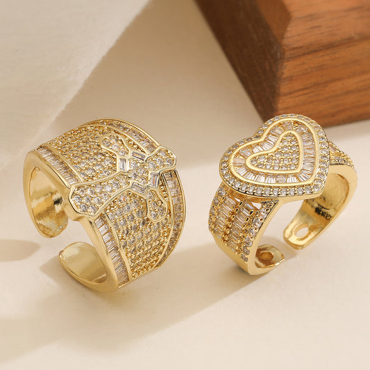 Minimalist Hip-hop 18K Gold Plated Heart Cross Brass Ring with Cubic Zirconia for Women