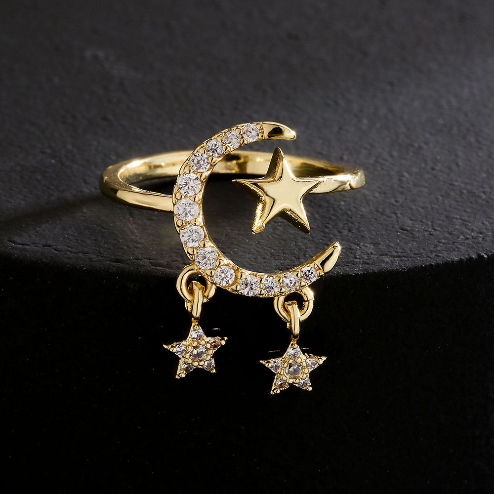 Anello aperto in stile europeo con stella e luna geometriche, placcato oro 18K su rame, zirconi micropavé, gioielli da donna