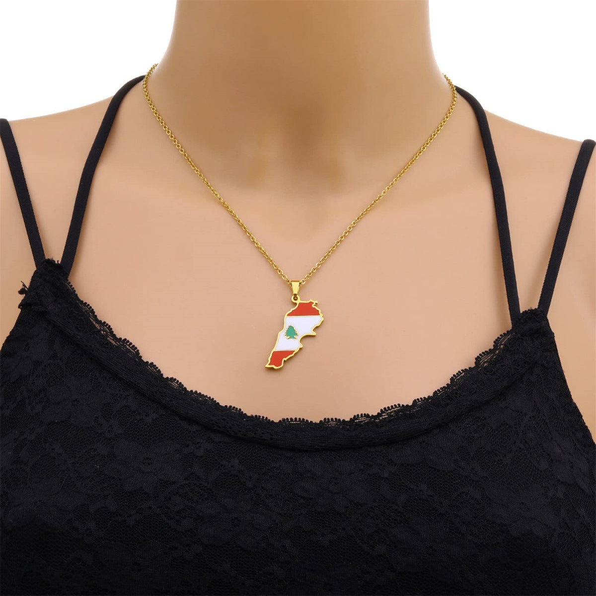 Minimalist Geometric Lebanon Map and Flag Pendant Necklace in Titanium Steel with Enamel Finish for Unisex