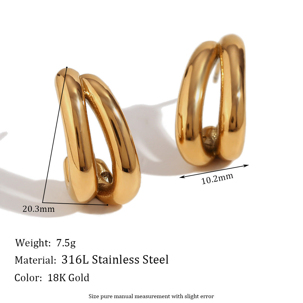 Minimalist Fashion Stainless Steel Plated 18K Gold Double-Layer Banana-Shaped Earrings for Women