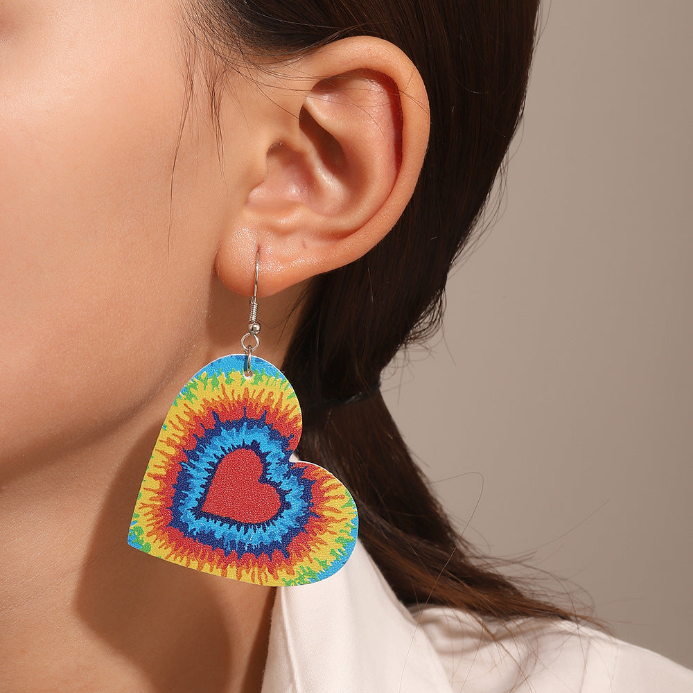 Casual Heart Shaped Leather Earrings with Checkered Gradient Leopard Print for Women