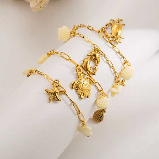 Fashion-Forward Animal-Shaped Stainless Steel Bracelet with Turtle Starfish Crab and Dolphin Charms Plated in 14K Gold for Women