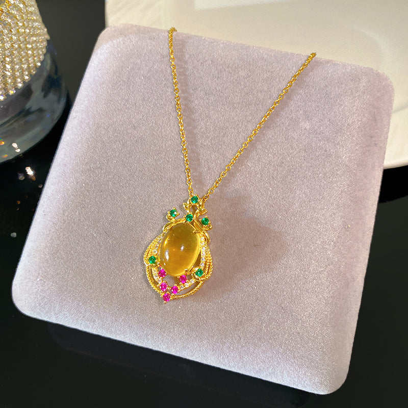 Vintage Sweet Geometric Heart Cubic Zirconia Gemstone Plated Titanium Steel Necklace with Brass Pendant Cable Chain