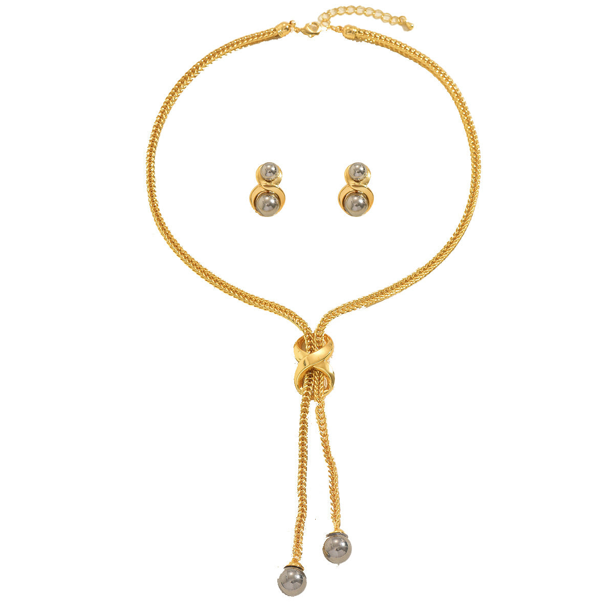 Geometric Pearl-Inlaid Zinc Alloy Necklace and Earrings Set for Women with Circular and Linear Design