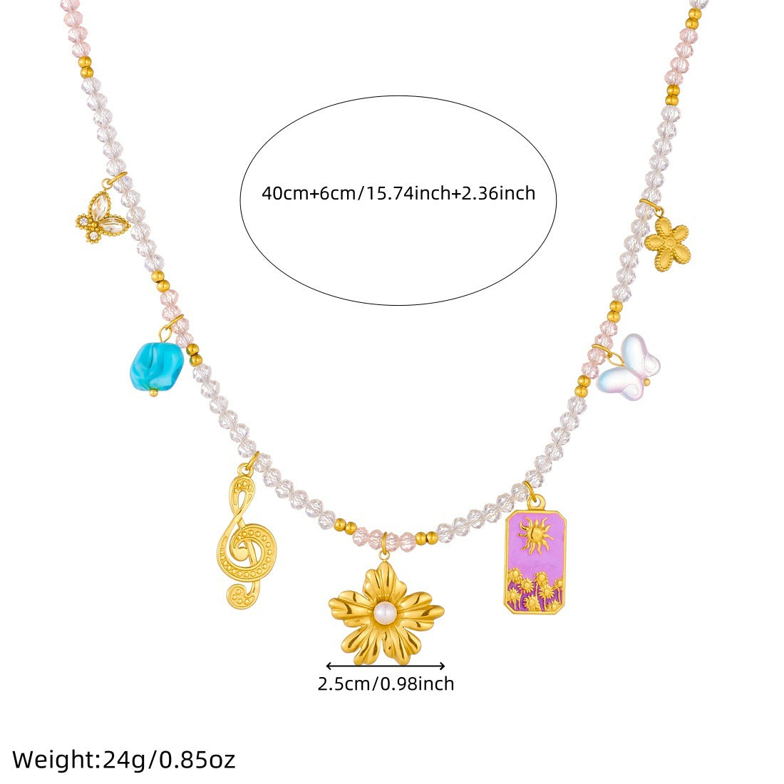 Vintage Luxury Geometric Floral Butterfly Drip Oil Stainless Steel Ball Chain Necklace with Music Note Beads for Women