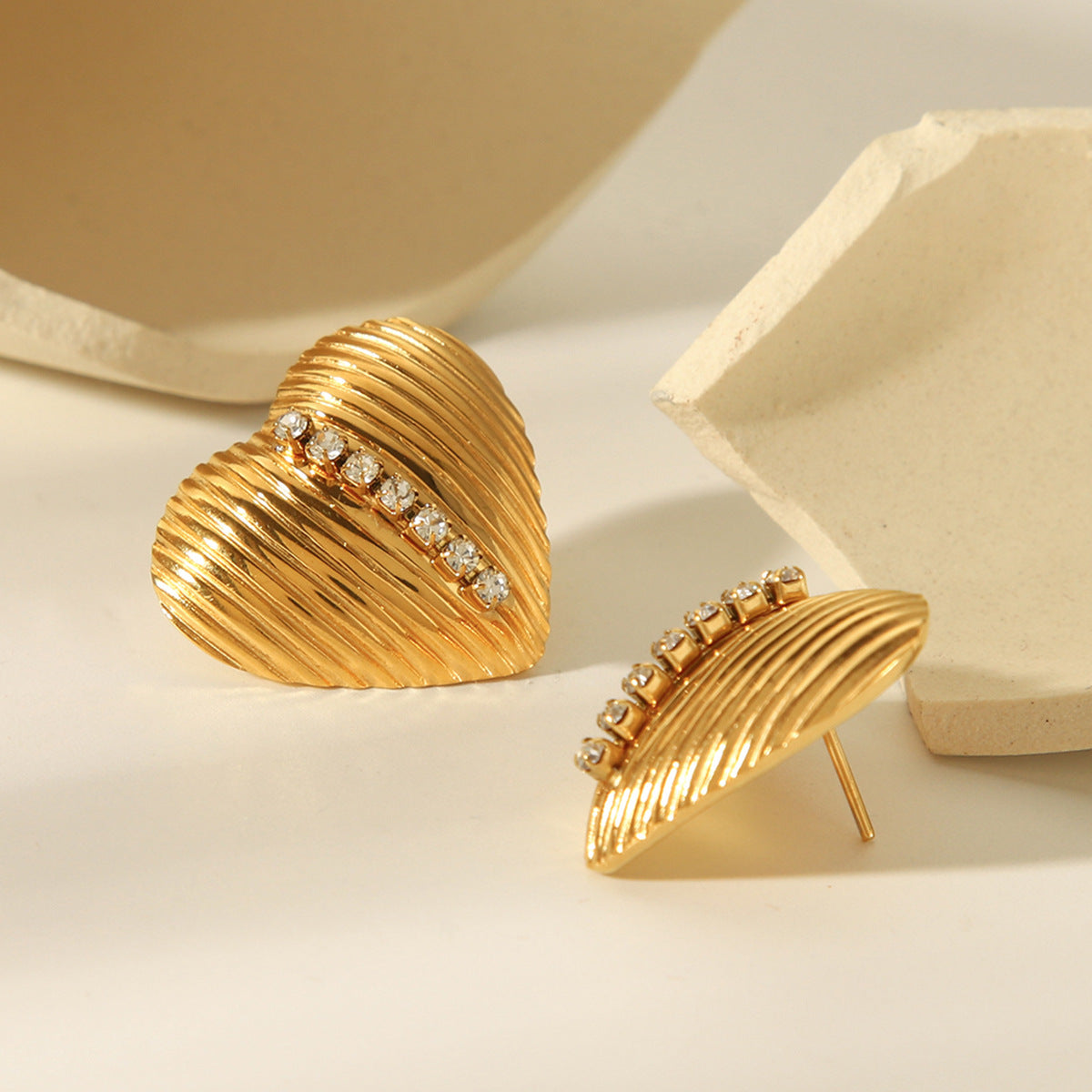 Trendy 18K Gold Plated Stainless Steel Heart Stud Earrings with Rhinestone Inlay for Women