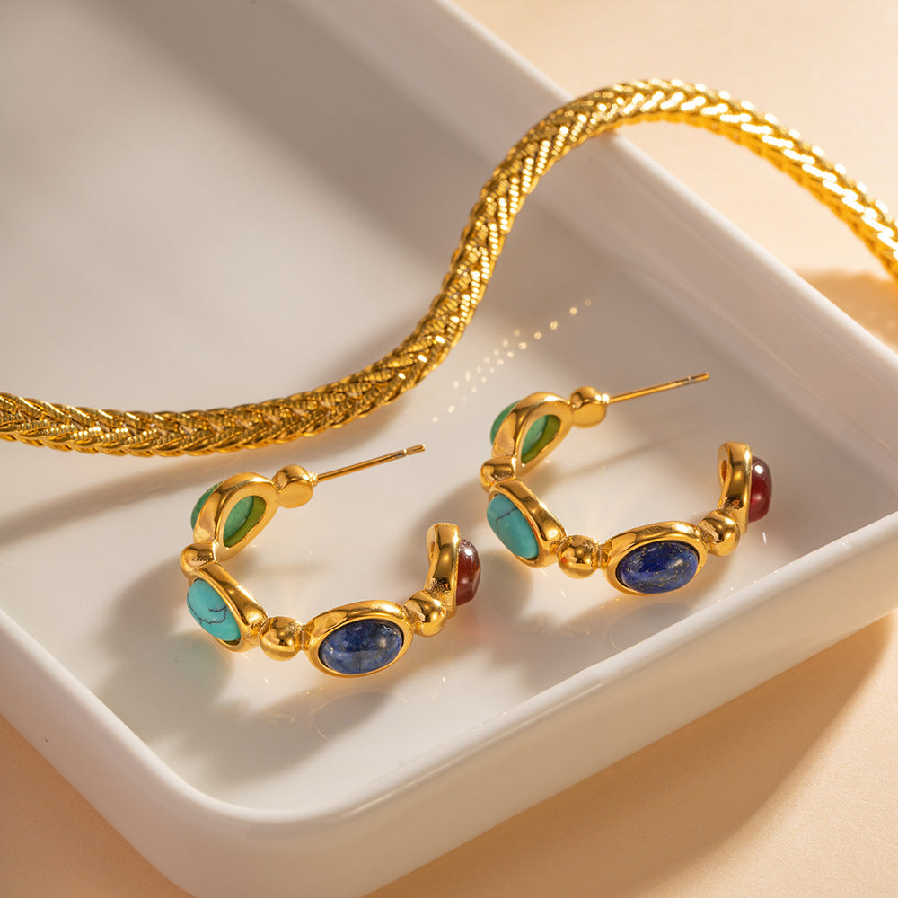 Orecchini geometrici a C in acciaio inossidabile placcati oro 18 carati con intarsio in pietra naturale da donna