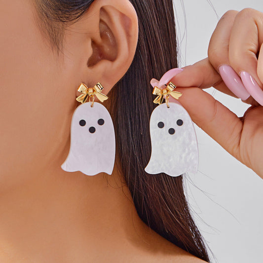 Pendientes acrílicos de fantasma lindo para mujer con lazo y diseño de animal de dibujos animados, joyería de oreja con temática de Halloween