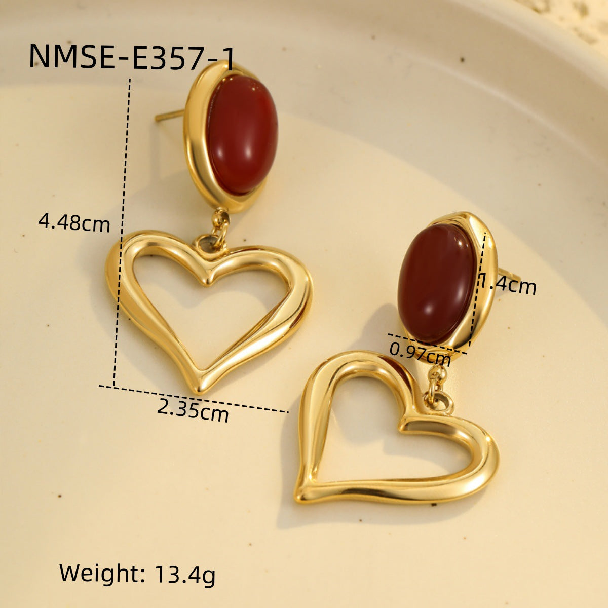 Pendientes con forma de corazón de estilo francés vintage, de acero inoxidable con baño de oro de 18 quilates e incrustaciones de piedra natural