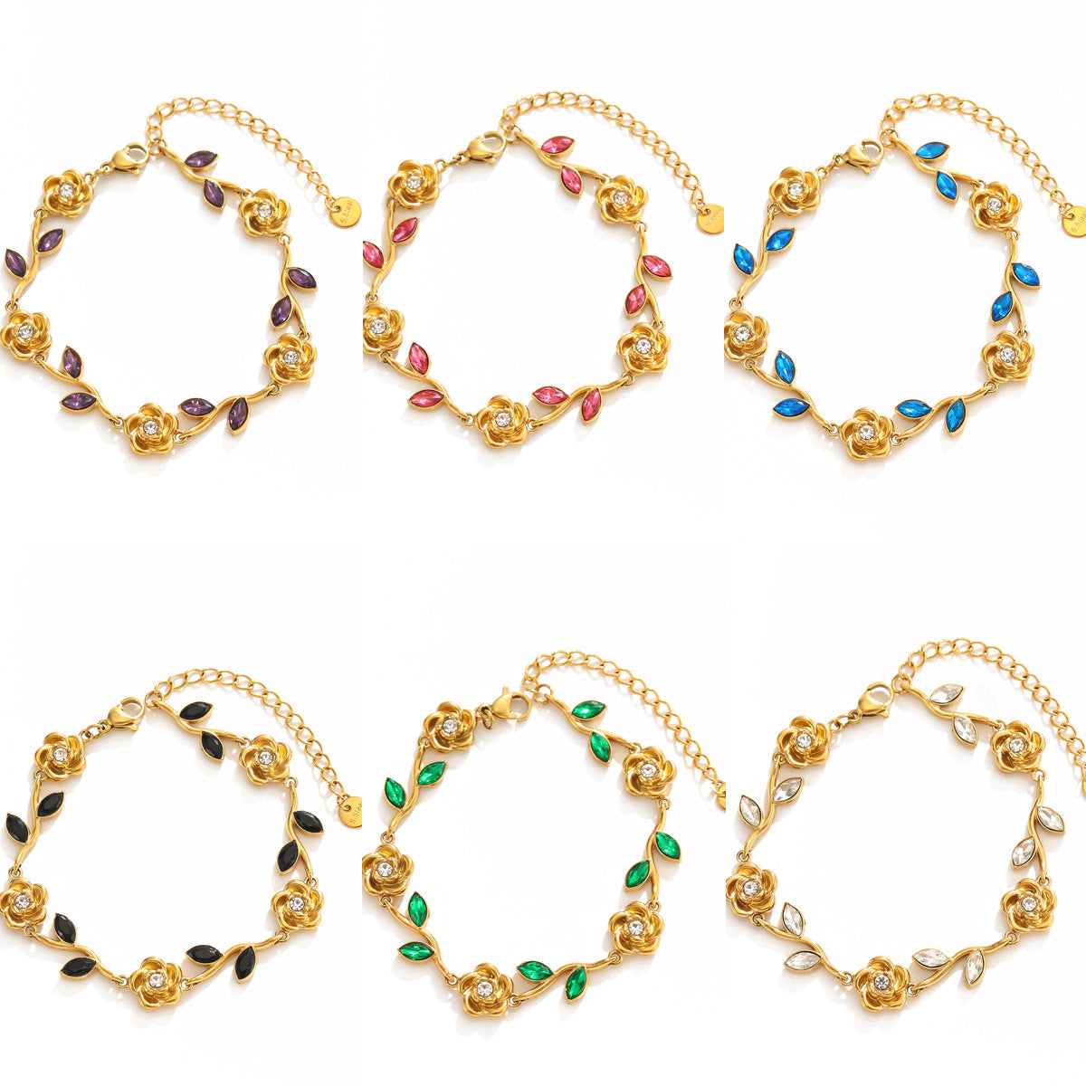 Luxury Elegant Rose Flower Teardrop Shape PVD 18K Gold Plated Stainless Steel Rhinestone Bracelet for Women